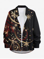 Plus Size Gilding Snowflake Curve Ribbon Print Christmas Button Long Sleeves Shirt For Men -  