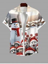 Plus Size Christmas Hat Cat Snowman House Print Button Pocket Shirt For Men -  