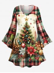 Plus Size Christmas Tree Ball Floral Snowflake Pine Cones Plaid Print A Line Dress -  