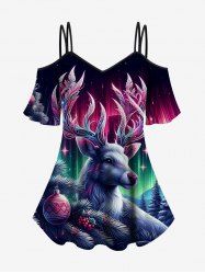 Plus Size Christmas Tree Ball Elk Ombre Aurora Print Cold Shoulder Cami T-shirt -  