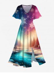 Robe Mi-Longue Ligne A Fendue Galaxie Ombrée Flocon de Neige et Rivière Imprimés de Grande Taille - Multi-A 5X