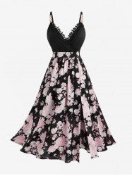 Plus Size Floral Printed Jacquard Split Surplice Glitter Buckle A Line Cami Dress(Adjustable Shoulder Strap) -  