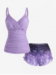 Plus Size Crisscross Panel Ruched Textured Galaxy Ombre Print Cinched Boyshorts Tankini Swimsuit -  