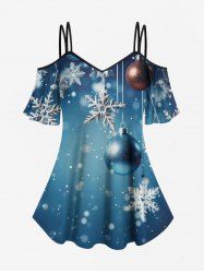 T-shirt à bretelles dénudées à imprimé flocons de neige et boules de Noël grande taille - Bleu 3X