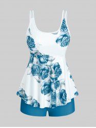 Maillot de Bain Tankini Modeste Imprimé Rose à Taille Haute Grande Taille - Bleu 5X