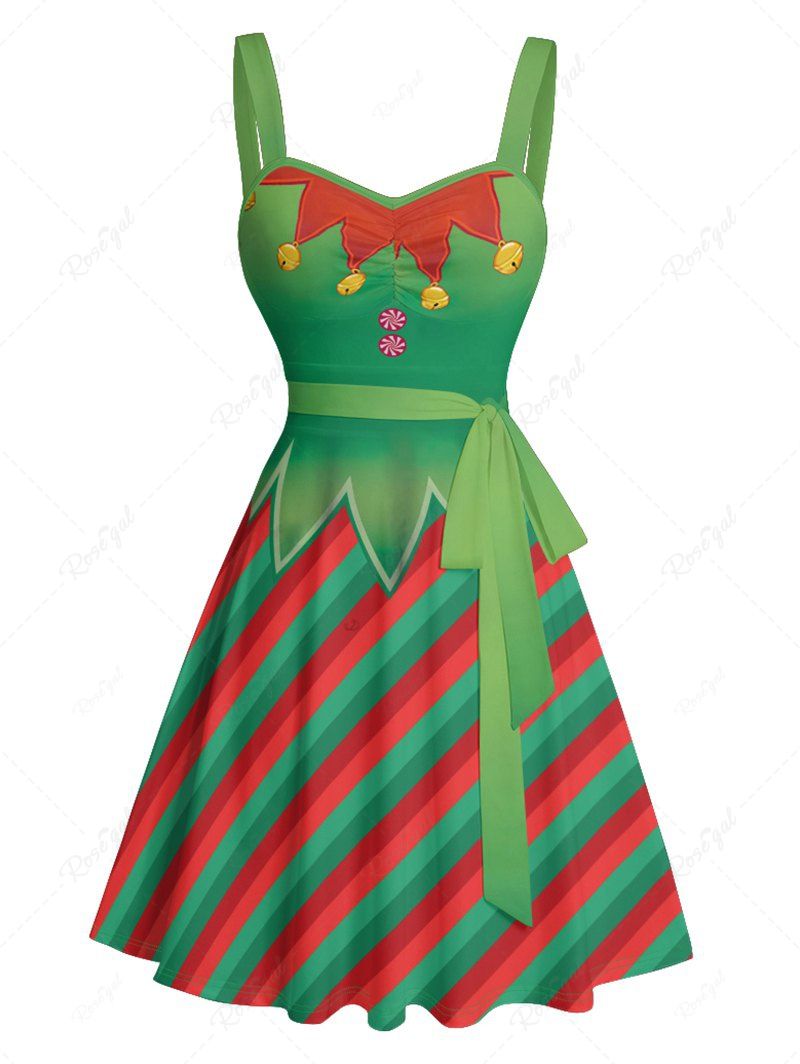 Best Christmas Contrast Stripe 3D Print Belted Mini Dress  