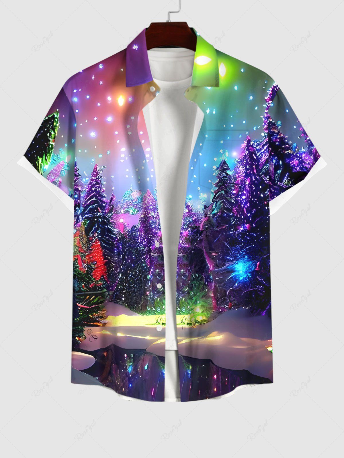 Chemise 3D Etoile Sapin de Noël et Galaxie Imprimés Grande Taille avec Poche à Paillettes Multi-A 3XL