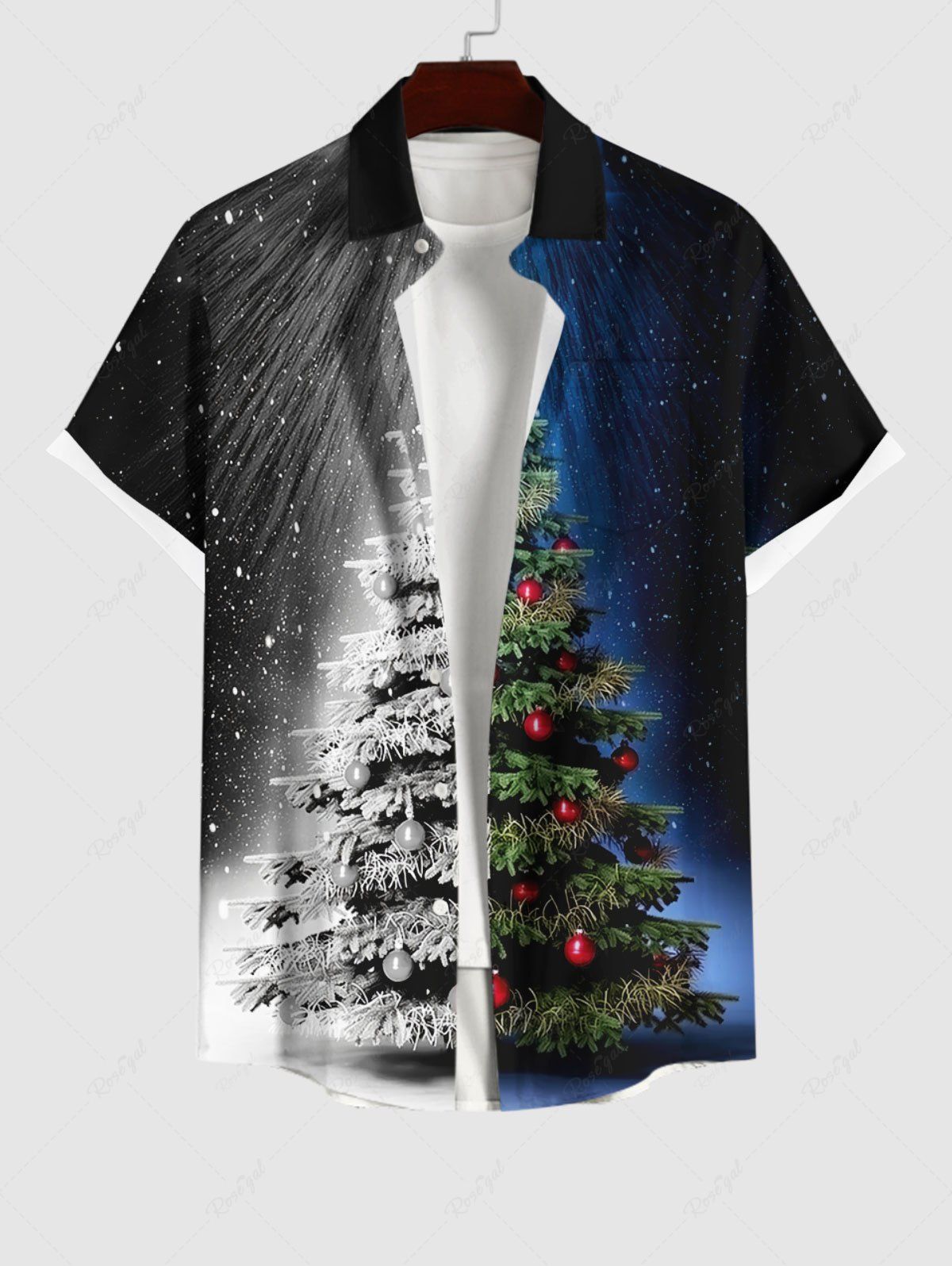 Discount Plus Size Christmas Tree Ball Star Galaxy Contrast Color Print Buttons Pocket Shirt For Men  