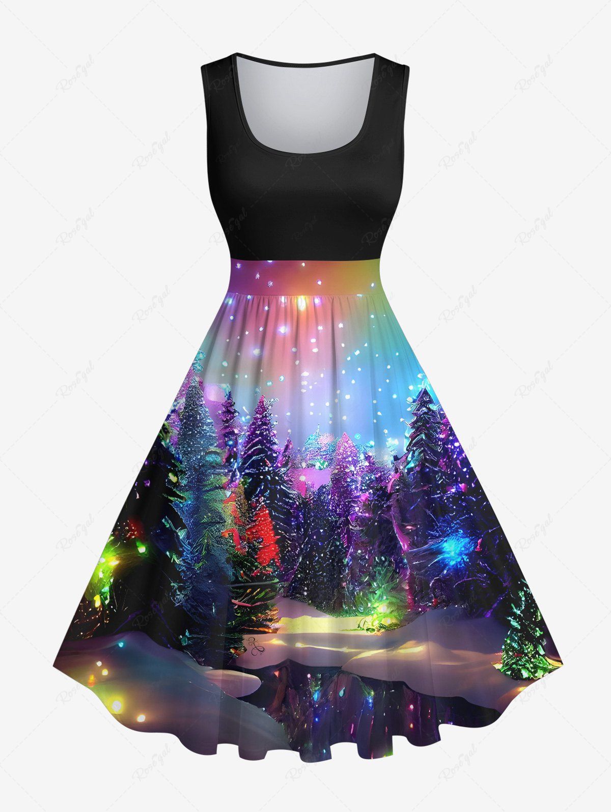 Robe Vintage Brillant 3D Etoile Sapin de Noël et Galaxie Imprimés Grande Taille Noir 6X