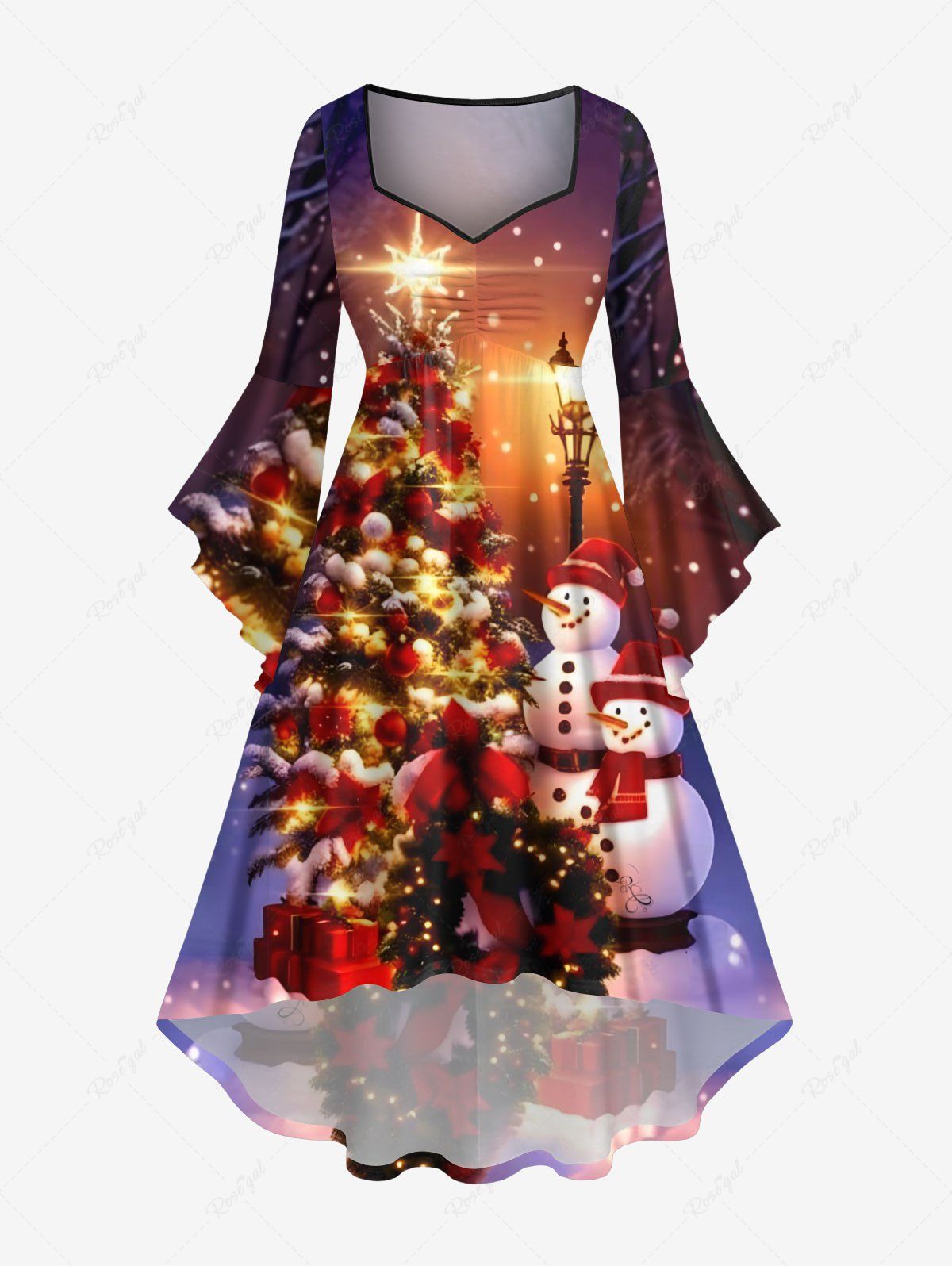Robe Grande Taille Imprimé Père Noël Arbre et Flocon de Neige Multi-A L
