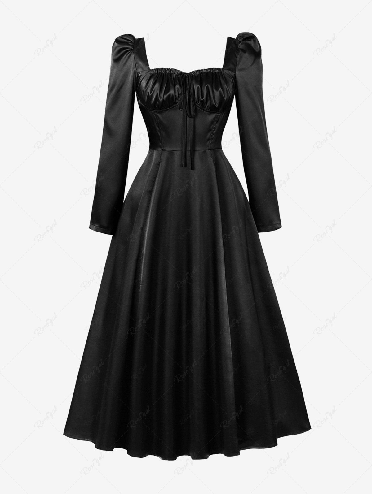 Sale Cinched Ruched Lace Up Tie Solid Color Vintage Dress  