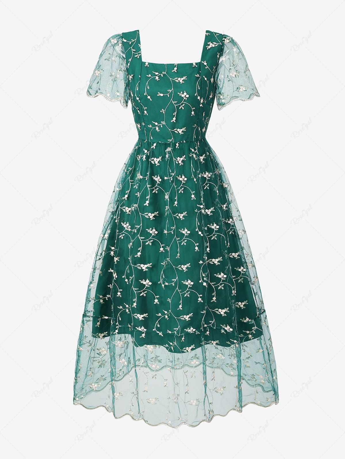 Robe Vintage Fleur Brodée en Maille à Lacets Vert XXL