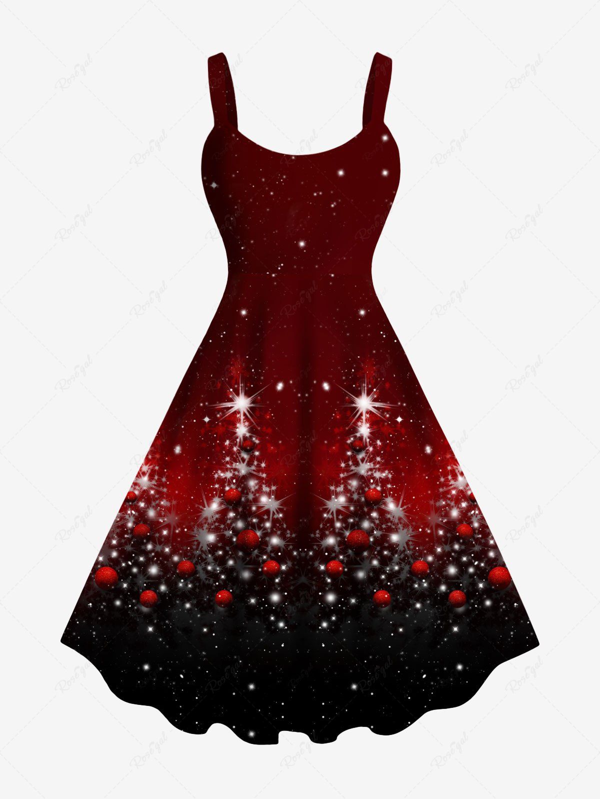 Robe Débardeur 3D Etoile Boule Sapin de Noël et Flocon de Neige Imprimés de Grande Taille à Paillettes Rouge 5X