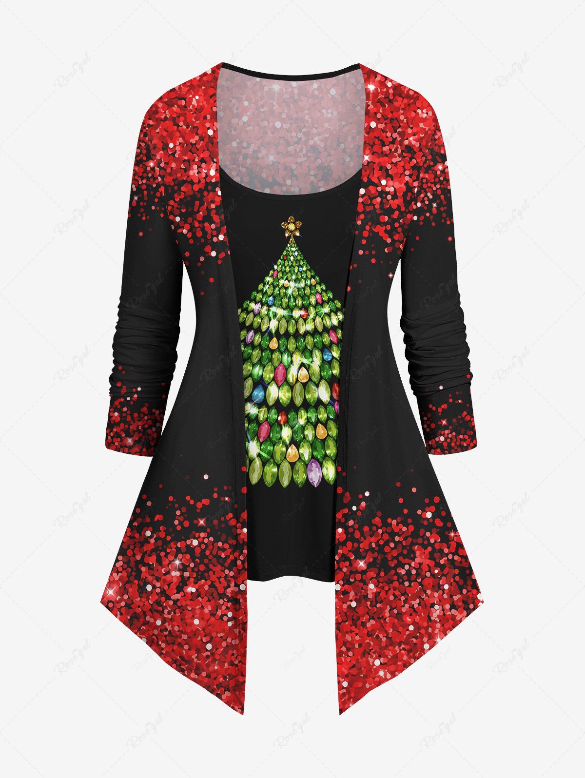 New Plus Size Christmas Tree Sparkling Sequin Glitter 3D Print 2 In 1 T-shirt  