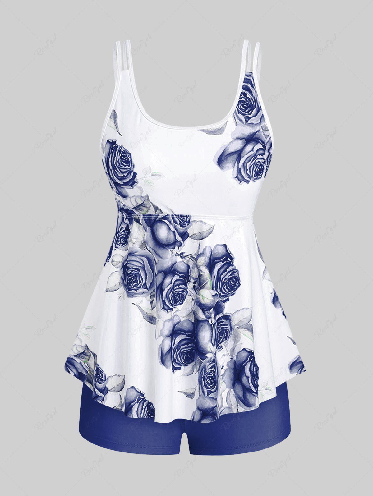 Maillot de Bain Tankini Modeste Imprimé Rose à Taille Haute Grande Taille Bleu profond 5X
