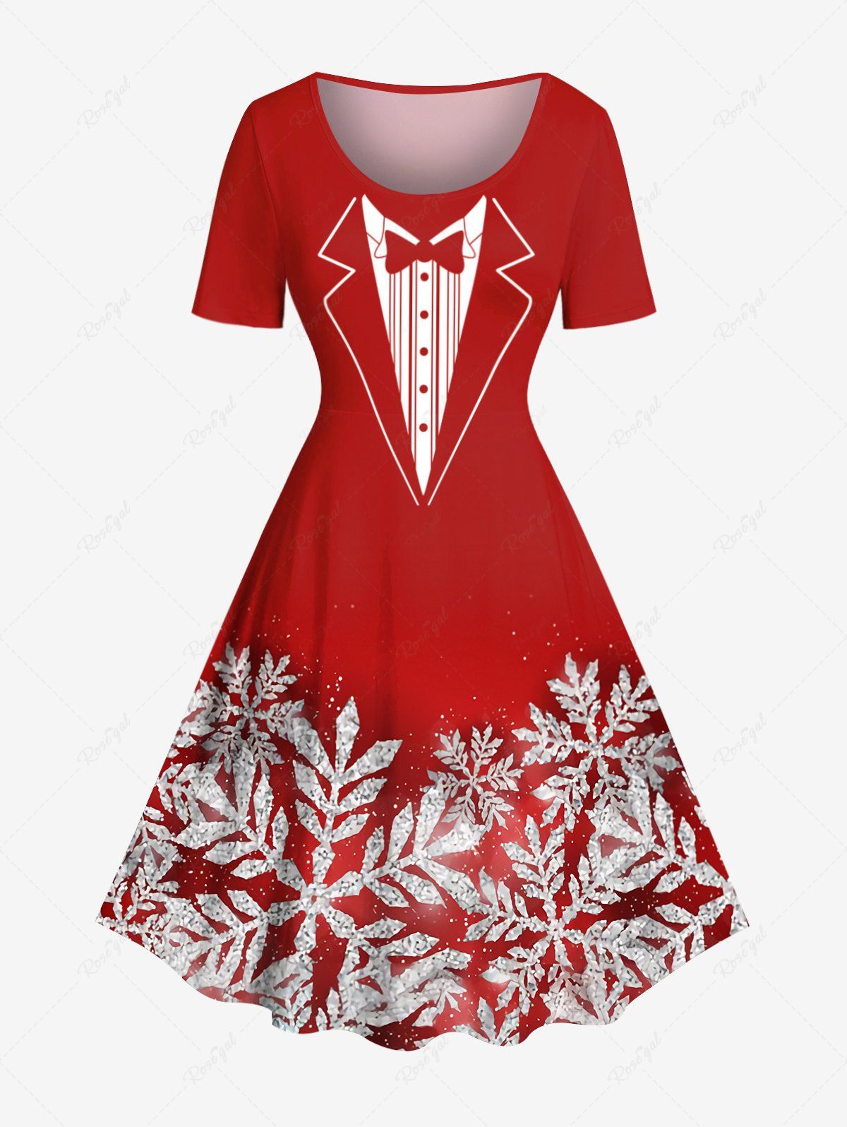 Sale Plus Size Christmas Snowflake Bowknot Lapel Collar Print Vintage Dress  