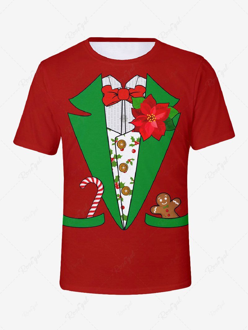 Affordable Plus Size Christmas Gingerbread Candy Floral Suit Pattern Print Ugly Funny T-shirt For Men  