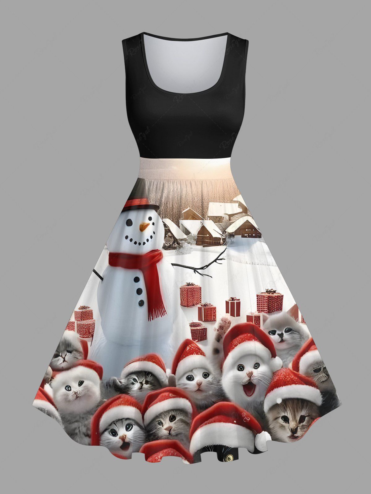 Robe de Noël Trapèze Vintage Chat et Maison Imprimés de Grande Taille Multi-A 1X