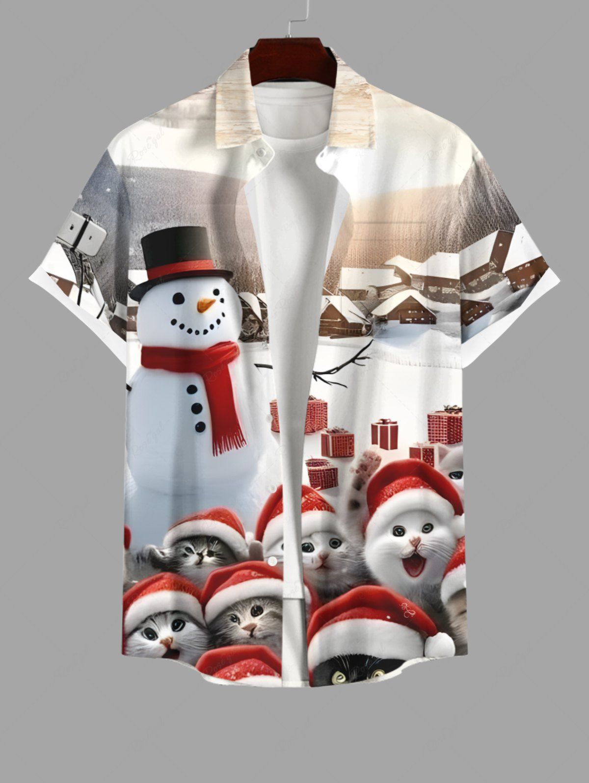 Hot Plus Size Christmas Hat Cat Snowman House Print Button Pocket Shirt For Men  