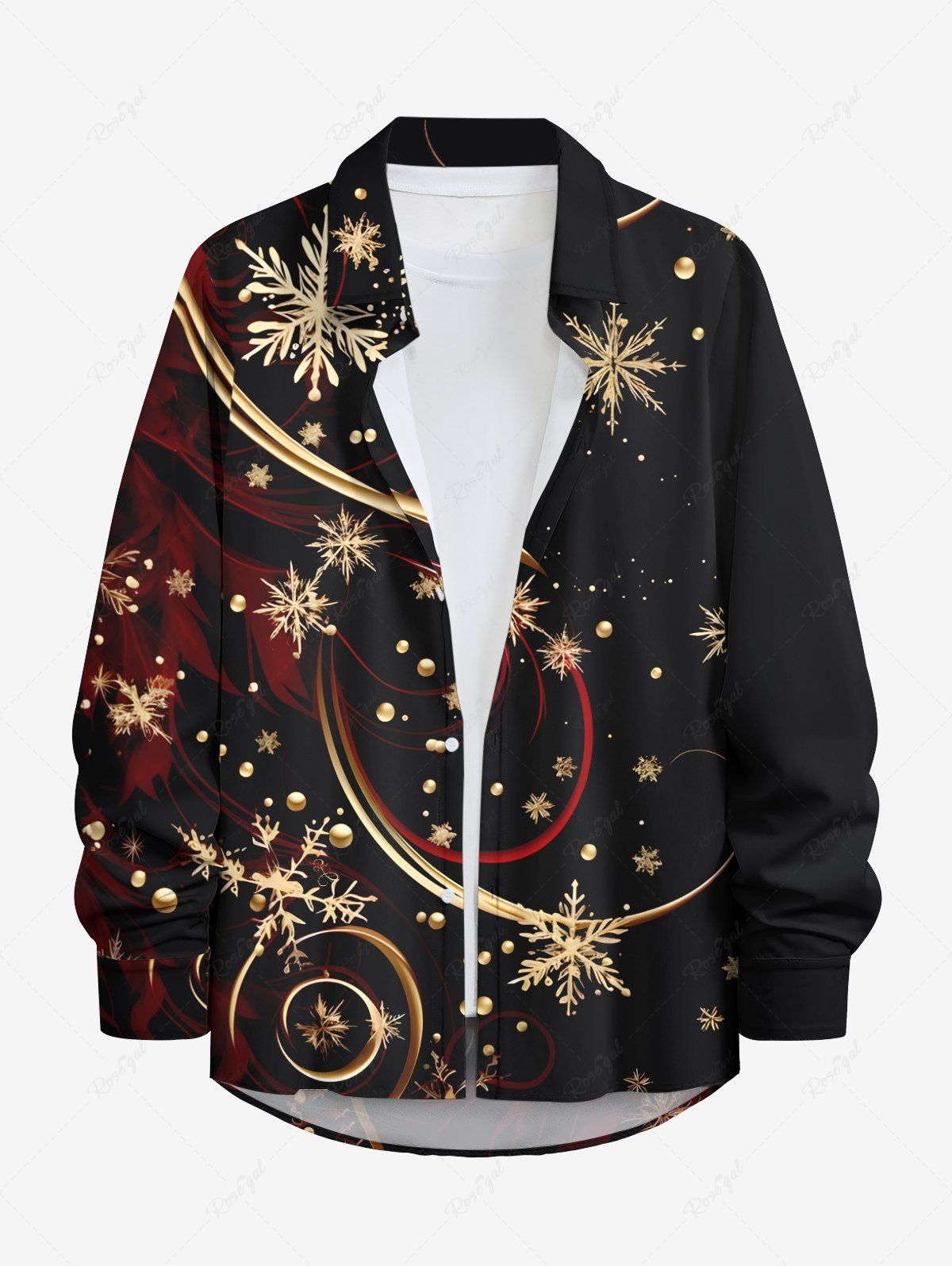 Best Plus Size Gilding Snowflake Curve Ribbon Print Christmas Button Long Sleeves Shirt For Men  