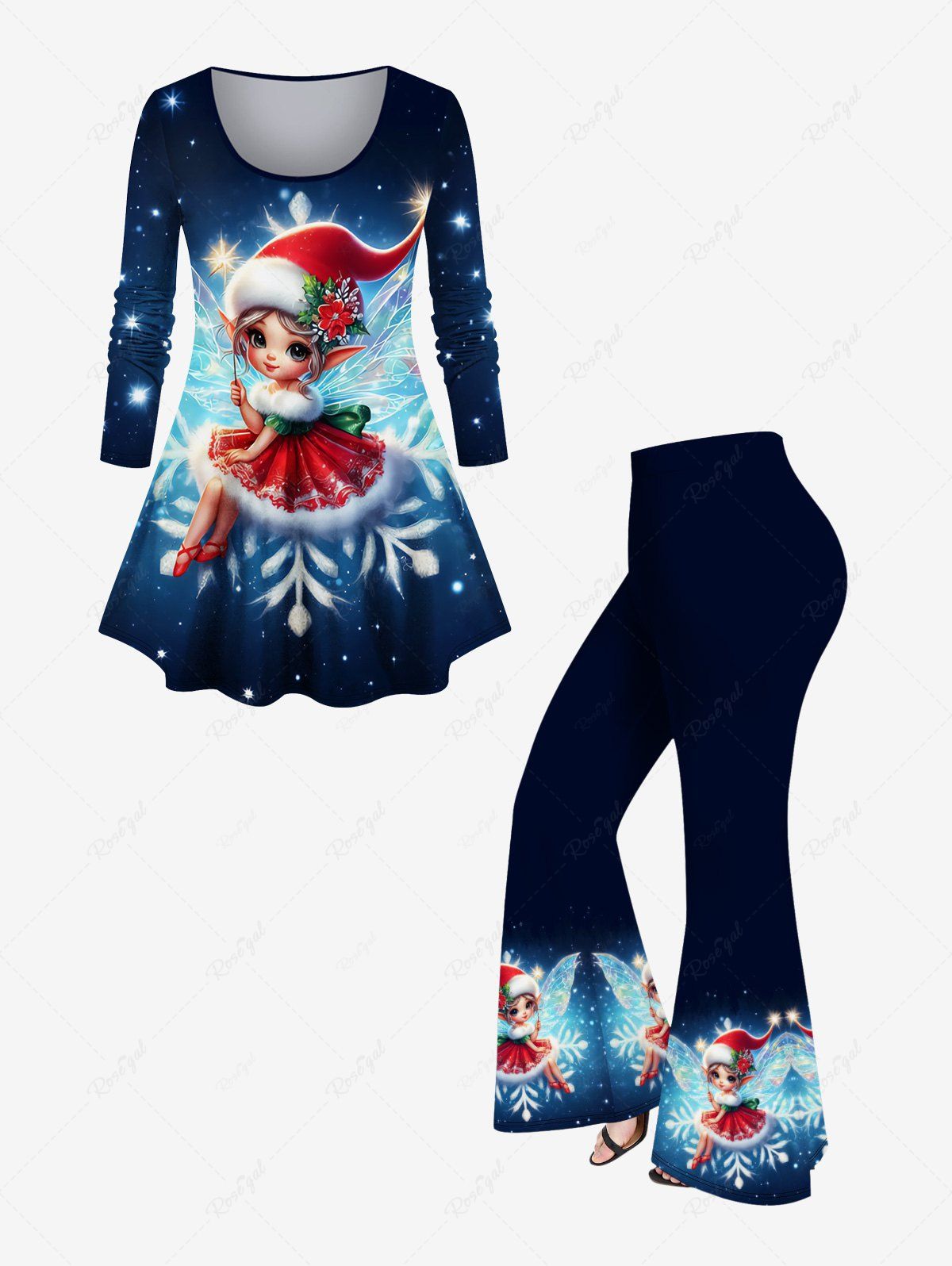 Store Christmas Hat Snowflake Elf Glitter Ombre Galaxy Print Long Sleeves T-shirt and Flare Pants Plus Size Matching Set  
