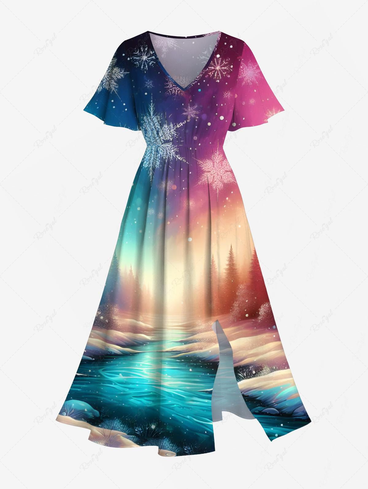 Robe Mi-Longue Ligne A Fendue Galaxie Ombrée Flocon de Neige et Rivière Imprimés de Grande Taille Multi-A 5X