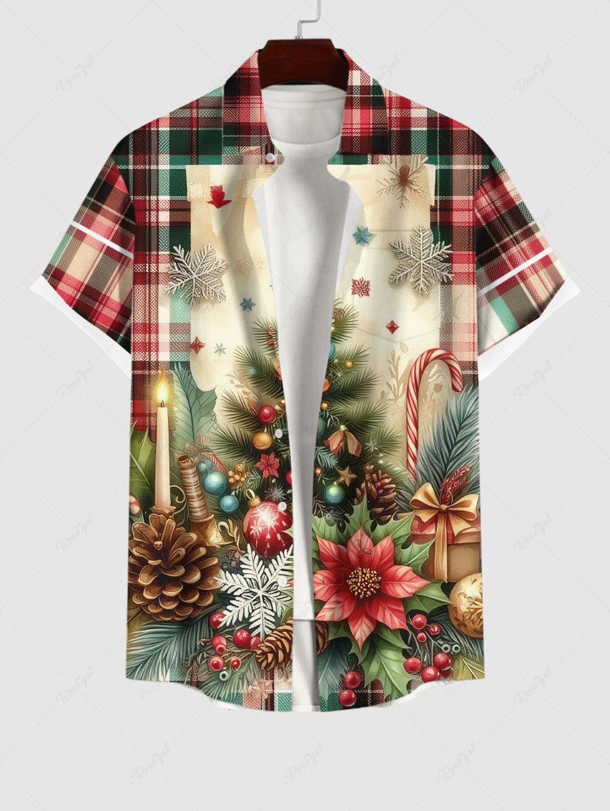 T-Shirt à Carreaux avec Poches Flocons de Neige Fleurs et Boules de Noël Grande-Taille pour Hommes Multi-A XL
