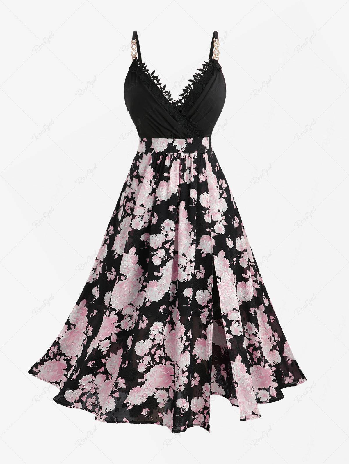 Trendy Plus Size Floral Printed Jacquard Split Surplice Glitter Buckle A Line Cami Dress(Adjustable Shoulder Strap)  