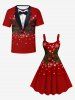 Robe Débardeur Trapèze à Imprimé Feuilles de Noël et Boules Grande-Taille - Rouge L