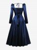 Robe Vintage Nouée en Couleur Unie à Lacets à Volants - Bleu profond M