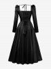 Cinched Ruched Lace Up Tie Solid Color Vintage Dress -  