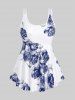 Maillot de Bain Tankini Modeste Imprimé Rose à Taille Haute Grande Taille - Bleu profond L