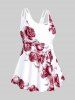 Maillot de bain tankini taille haute imprimé roses, grande taille et coupe couvrante. - Rouge foncé 5X