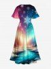 Robe Mi-Longue Ligne A Fendue Galaxie Ombrée Flocon de Neige et Rivière Imprimés de Grande Taille - Multi-A 5X