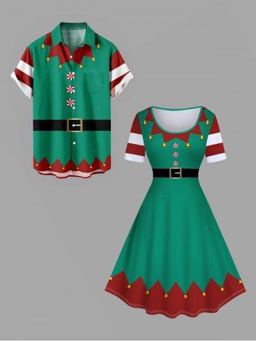 Christmas Bells Candy Elf Costume Print Plus Size Matching Outfit For Couples - GREEN