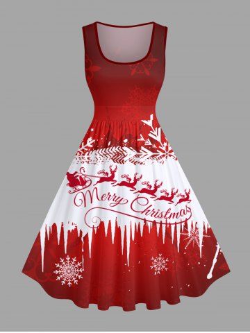 Plus Size Christmas Snowflake Elk Santa Claus Sled Colorblock Print 1950s Vintage Dress - RED - XS