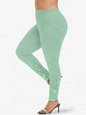 Plus Size Christmas Paint Drop Sparkling Sequin 3D Print Leggings - GREEN - XS