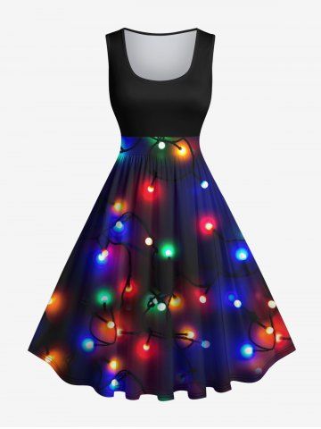 Robe de Noël Vintage 3D Lumière Colorée Imprimée de Grande Taille à Paillettes - BLACK - L