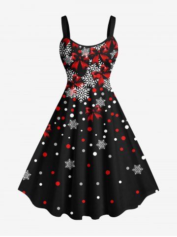 Plus Size Christmas Snowflake Bowknot Polka Dot Print A Line Tank Dress - BLACK - L