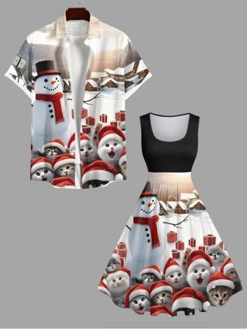 Ensemble Pyjamas Assortis Imprimé Chat Maison et Bonhomme de Neige de Noël Grande Taille pour Couples