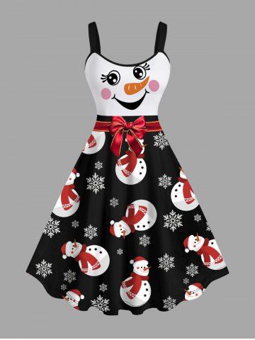 Plus Size Christmas Snowman Snowflake Ribbon Bowknot Print Tank Dress - BLACK - M