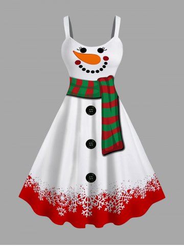 Plus Size Christmas Snowflake Snowman Scarf Buttons Colorblock Print Tank Dress