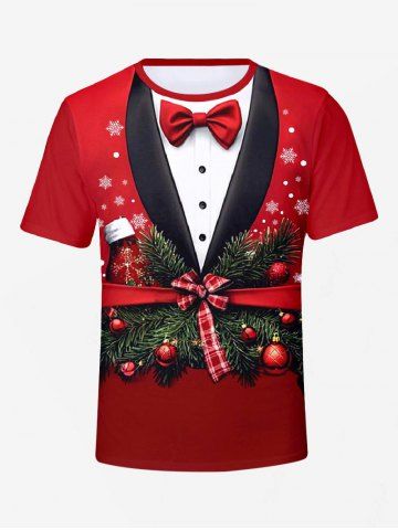 T-shirt Imprimé Flocon de Neige et Sapin de Noël 3D à Col Tailleur Grande Taille pour Homme - RED - 8XL