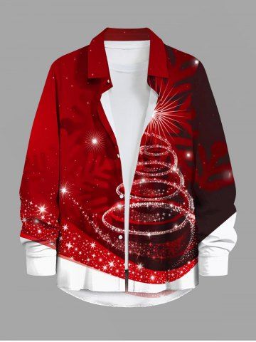 Plus Size Glitter Stars Christmas Tree Ombre Snowflake Print Button Long Sleeves Shirt For Men - RED - 7XL