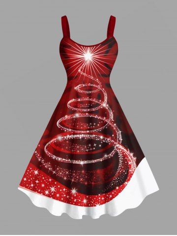 Plus Size Glitter Stars Christmas Tree Ombre Snowflake Print A Line Tank Dress - RED - 1X