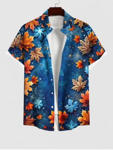 Plus Size Christmas Ombre Snowflake Galaxy Maple Leaves Print Button Pocket Shirt For Men - BLUE - XL