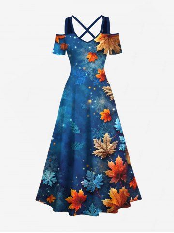 Plus Size Christmas Ombre Snowflake Galaxy Maple Leaves Print Crisscross A Line Maxi Dress - BLUE - 1X