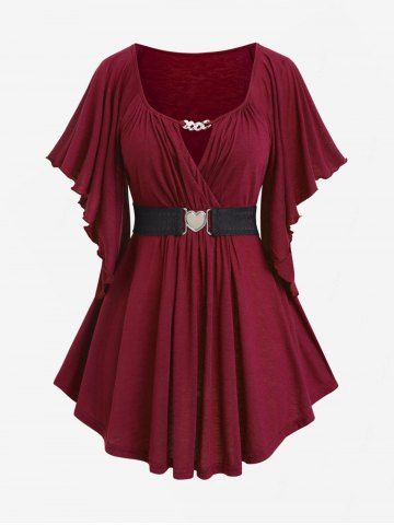 Plus Size Chain Panel Belted Butterfly Sleeve Surplice Top - RED - L | US 12