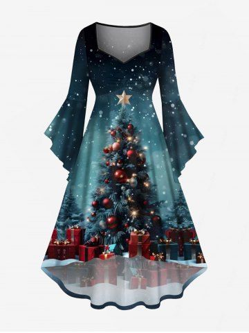 Plus Size Christmas Tree Ball Star Snowflake Gift Box Print Ruched Flare Sleeve High Low Dress - MULTI-A - S