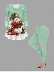 Ensemble de Foulard Brillantes Imprimé Bonhomme de Neige et Chapeau de Noël 3D avec Paillettes Grande Taille - Vert clair 